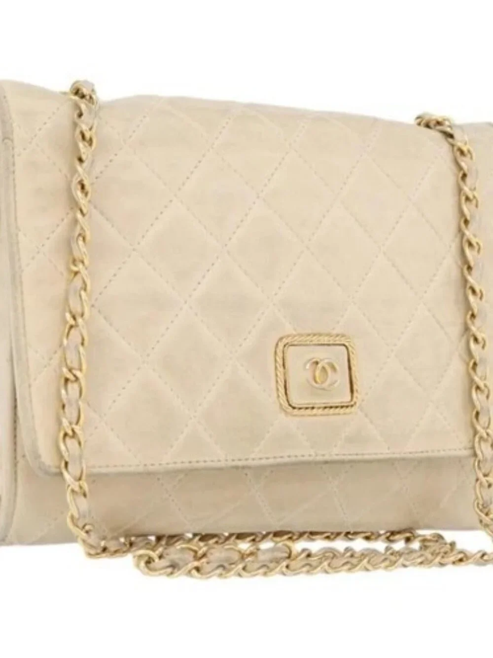 CHANEL Matelasse Chain Shoulder Bag Lamb Skin Beige Gold CC Auth BA10672
